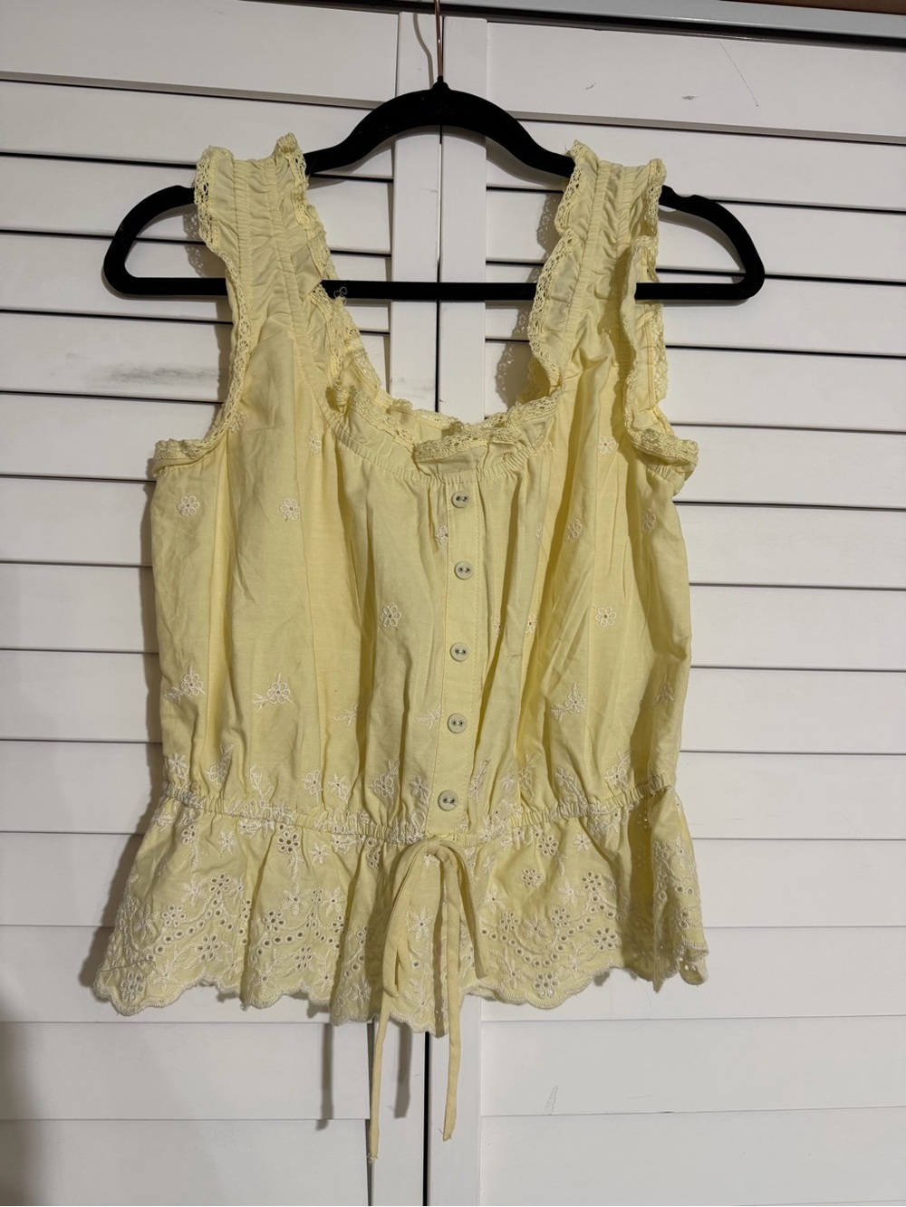 Butter Yellow Lace-Trim Button Front Women's Tank Top